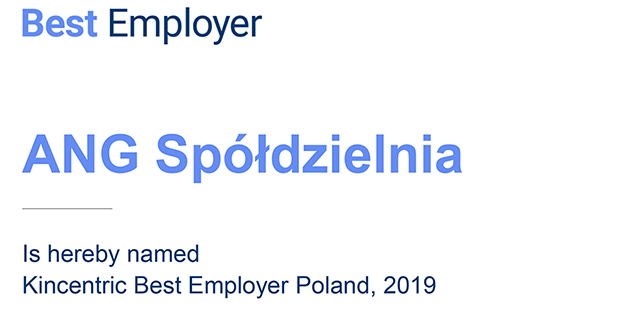 ANG Spółdzielnia najlepszym pracodawcą 2019 wg Kincentric Best Employer